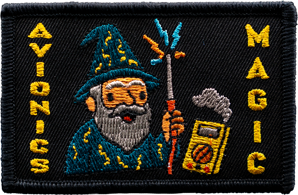 Embroidered patch with a wizard character and 'Avonics Magic' text on a black background