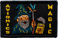 Embroidered patch with a wizard character and 'Avonics Magic' text on a black background