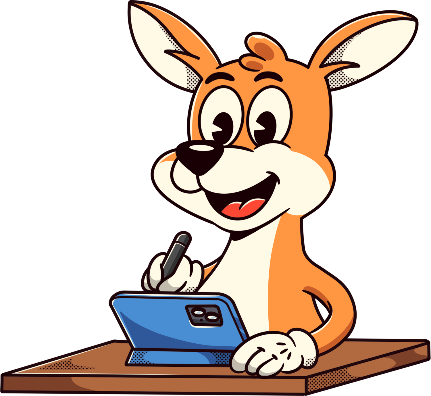 Cartoon kangaroo character using a tablet on a white background