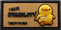 Yellow duck with text 'I HAVE STABILITY' on a brown background